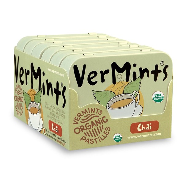 Organic Breath Mints by VerMints, Chai Flavor, All Natural Pastilles, Non-GMO, Nut Free, Gluten Free, Vegan, KSA Kosher, Pack of 6, 1.41oz Tins