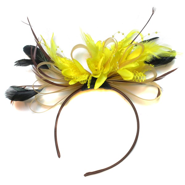 Caprilite Fashion Gold and Yellow Fascinator Light Net Hoop Feather Hair Headband Wedding Royal Ascot Races
