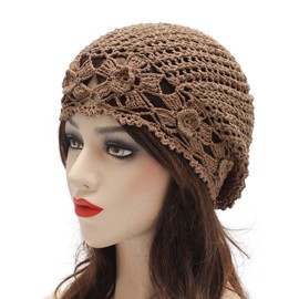 ZLYC Women Cotton Crochet Slouchy Teanie Hat Handmade Knit Cutout Summer Floral Skull Cap(Flowers Tan)