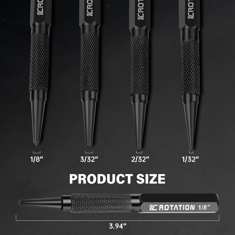 4-Piece Nail Punch and Center Punch Set, 1/32", 1/16", 3/32"&