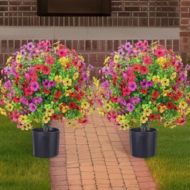 Yuxung 2 Pack 21.6'' Artificial Topiary Ball Trees with Flowers UV Protected Outdoor Faux Potted Plants with Cement Pot Faux Greenery Shrubs for Front Garden (Multicolor,Mandala Flower Tree)