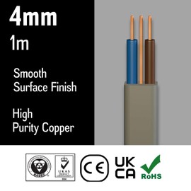 Primes DIY Electric Socket wire cable 4mm Twin and Earth Flat Grey PVC Lighting Electric Cable 6242Y electrical Wire BASEC Approved (1 Meter)