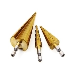 Mengshen HSS Step Cone Drill Set 3-Piece Set 4-12mm/4-20mm/4-32mm, Titanium Coated HSS Hex Shank Pagoda Drill for Carbon Steel, Sheet Iron, Insulation Boards, PVC Boards and Wood