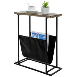 MyGift 21-Inch Modern Narrow Living Room End Table with Hand Torched Solid Wood Tabletop and Black Metal Frame, Bedroom Nightstand Side Table with Magazine Holder Sling