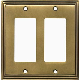Switch Hits Satin Antique Brass Art Deco Step Light Switch Cover | 2 GFI Rocker | 4.875" x 4.875" | Electrical Outlet Plug Wall Plate Outlet Covers | Socket Outlet Wall Plates