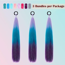 PORSMEER Pack of 3 Ombre Hair Extensions, 60 cm Long Straight Ponytail Hairpiece, Synthetic Hair Extensions, Braid Hair Extension, Mixed Hair Tinsel (Light Purple/Blue/Dark Purple)