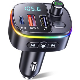Mohard Bluetooth Adapter Auto, PD 18W&QC3.0 FM Transmitter Auto, 9 RGB Beleuchtungsmodi, 3 USB Anschlüss Auto Ladegerät, Unterstützt Freisprechfunktion, Siri Google Assistant, USB-Disk, Schwarz