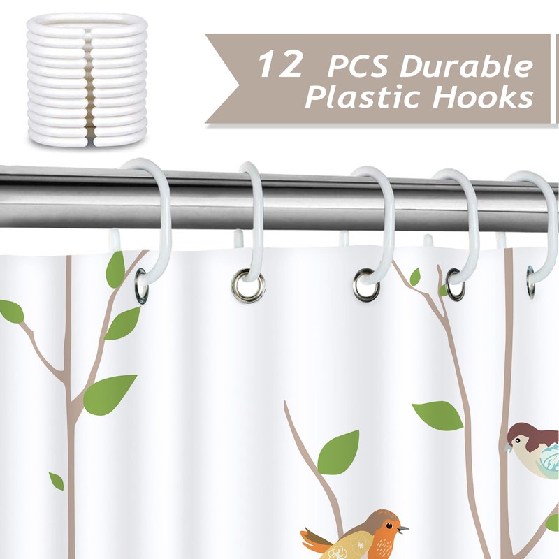 Bonhause Bird Shower Curtain, Spring Birds on Tree with Green