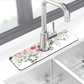 Dish Drying Mat for Kitchen Sink Watercolor Floral Pink Flowers plash Guard Behind Faucet Sink Mat Absorbent Fast Drying Faucet Draining Mat for Bathroom Kitchen 5.5”×15”