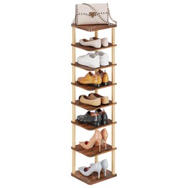 LUCKNOCK Vertical Shoe Rack, 8-Tier Tall Narrow Shoe Organizer for Entryway, Closet, Dorm & Small Spaces, Freestanding Wooden Shoe Shelf Tower for Boots, Sneakers, Heels. (Rustic Brown)