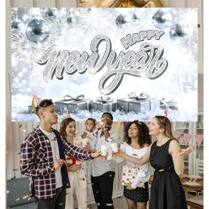 Happy New Year Banner 71 x 43 Inch, Silver Glitter