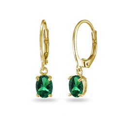 Yellow Gold Flashed Sterling Silver Created Emerald 7x5mm Oval Leverback Dangle Earrings for Women