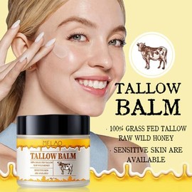 Bálsamo de sebo de res batido y miel, crema facial con acabado de pasto para todo tipo de pieles, mezcla de sebo de res alimentado con pasto y miel si