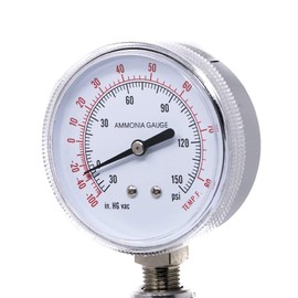 PIC Gauges 401NH3-254CF Lower Mount Dry Ammonia Refrigeration Gauge w/ Chrome Plated Steel Case, Plastic Twist-off Lens, 2.5" Dial, 30/0/150 psi Range, 1/4" Male NPT, -40/0/80° F Equivalent