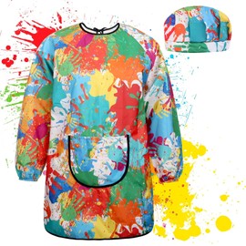Huiguli Children Painting Aprons and Hat, Waterproof Graffiti Painting Aprons 6-12 Years Girls Boys, Kids Painting Smock Toddler with Long Sleeves Pockets for Craft Eating Cooking Drawing