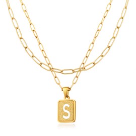 LETFLY Initial Gold Necklaces for Women, 18K Gold Plated Letter Layering Necklace Square Shaped Pendant with Adjustable Paperclip Chain for Womens Jewelry Gifts Alphabets S