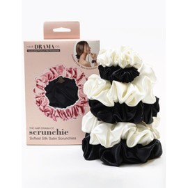 Hair Drama Silk scrunchies for Women -Silk Ponytail Holders. Black and white Scrunchies, Pack of 6, 3 sizes small, medium, and large scrunchies for Silky, Thick, Curly Hair. No-Crease