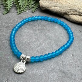 Bright Blue Frosted Glass Bead Bracelet with Silver Plated Sea Shell Charm on Elastic : Medium 7.5 inches