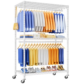 ULIFHOME P8 Heavy Duty Clothes Rack（With Extended Width Design） Rolling Clothing Racks for Hanging Clothes，Portable Garment Rack with Lockable Wheels，51.2" W x 15.8" D x 80.5" H，Max Load 700LBS，White