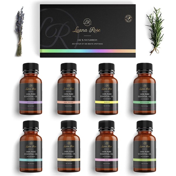 Luana Rose Essential Oils Sets - 100% Vegan & Natural Pure - Aroma Oils for Diffusers & Aromatherapy Set of 8