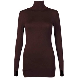 Womens Long Sleeve Ladies Stretch Thumb Hole Long Tunic Turtle Polo Neck Top Plain Jumper Dark Brown 8-10