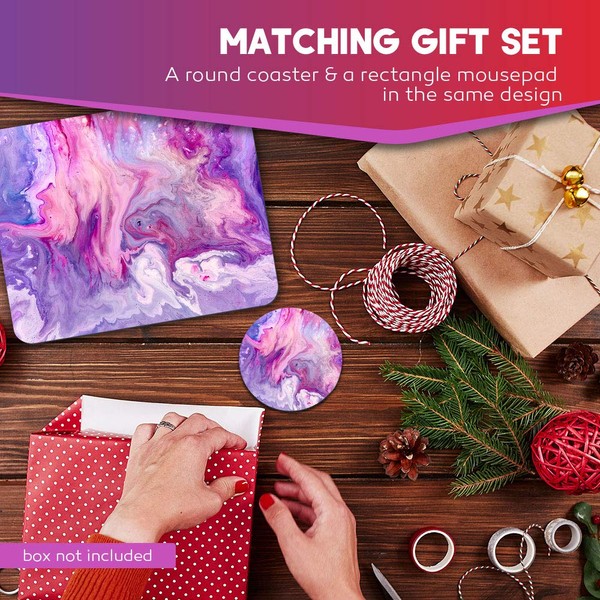 Rectangle Mouse Mat & Round Coaster Set - Purple Marble