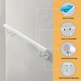 Purife 2 FT Heavy Duty White Metal Stairs Railing Indoor, Wall Mount Pipe Stair Handrail - Hand Rails for Indoor & Outdoor Steps, Banister Deck Porch Patio Railing, Wall Grab Bars for Seniors