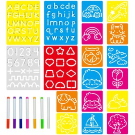 25 PCS Letter Tracing Stencils for Kids Numbers Alphabet Colorful Stencil Mix Car Animal Stencils with Watercolor Pens Writing Practice Kit