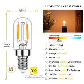 Sphoon Dimmable E12 Night Light Bulb 15W 20W Equivalent, T20 Salt Lamp Bulb, Mini LED Candelabra Bulb for Microwave Oven Refrigerator Bedroom Ceiling Fan, 2200K Warm White, 180LM, 2 Pack