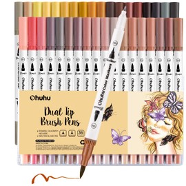 Ohuhu Skin Tone Colouring Pens, 36 Dual Tip Brush Pens Felt Tip Pens Fineliner Art Markers Set, Skin Tone Water Based Marker Pens for Calligraphy Drawing Sketching Coloring Book