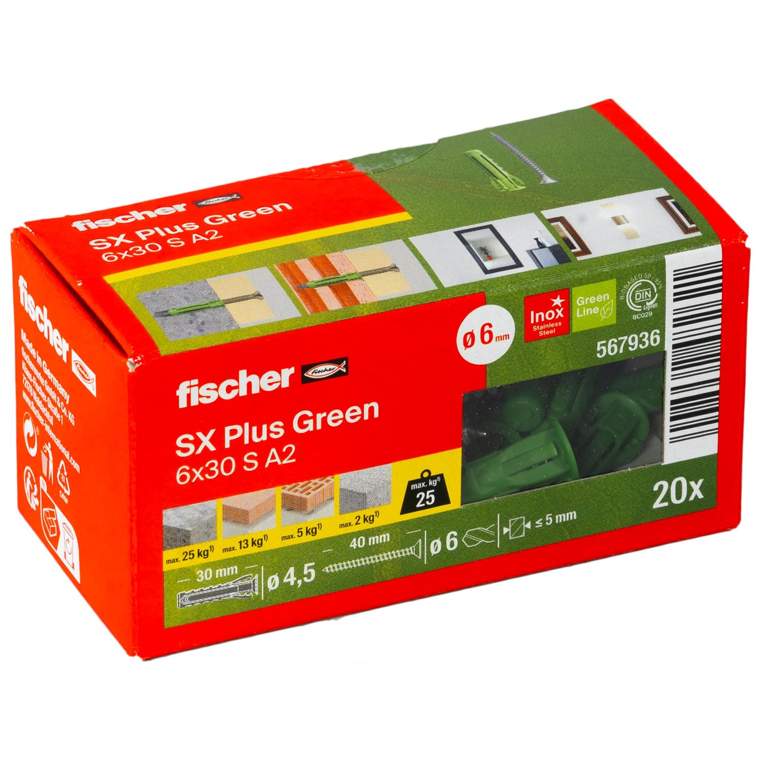 fischer SX Plus Green Expansion Dowel 6 x 30 S with A2 Stainless Steel ...