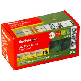 fischer SX Plus Green Expansion Dowel 6 x 30 S with A2 Stainless Steel Screw, Sustainable Dowels Made from 50% Renewable Raw Materials, 4-Way Spreading, the Specialist in Solid Building Material, 20