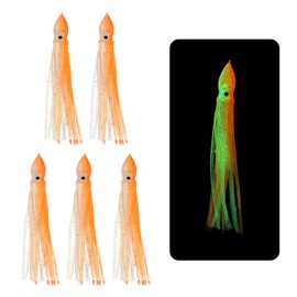 YELARXI Fishing Squid Skirts Glow Soft Plastic Trolling Lures, 8cm/3 Inch Luminous Fit for Bass Trout Salmon Saltwater Fishing Bait (5Pcs, Clear Orange)