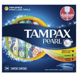 Tampax Tampons Pearl Triple Pack 34 Count Unscented 18 Regular+8 Super+8 (3 Pack)