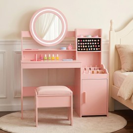 INFANS Kids Vanity with Lights, Princess Makeup Desk with Mirror Storage Shelves, Toddler Table and Chair Set Pretend Play for Girls Aged 4-9