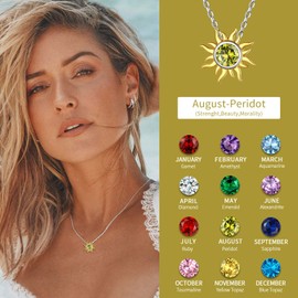 ChicSilver Women's Birthstone Necklace, 925 Silver Necklace with Sun, 12 Months Birthstone Chain, Gifts for Her Valentine's Day, Birthday, Christmas, Cubic Zirconia, Peridot