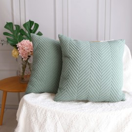BRMM MIA Set of 2 Decorative Throw Pillow Covers Quilting Double Side Velvet Cushion Covers Pillowcase Square Cushion Covers for Living Room Sofa 45cm x 45cm (Light Green)