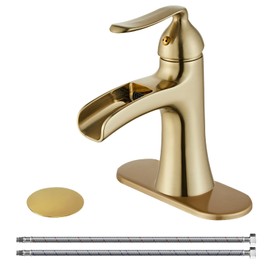 Wovier Brushed Gold Waterfall Bathroom Sink Faucet with Cover Plate,Single Handle Single Hole Brass Lavatory Vanity Faucet,Basin Mixer Taps with Supply Hose and Pop Up Drain Assembly