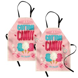 Lunarable Vintage Apron Pack of 2, Cotton Candy Advertising Poster Design Aged Look and Fluffy Tasty Flavors, Unisex Kitchen Bib with Adjustable Neck, 2 Pcs - Adult Size, Pink