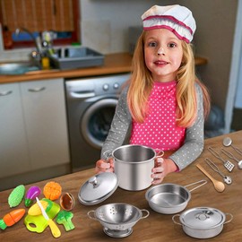 Juboury Kitchen Pretend Play Toys with Stainless Steel Cookware Pots and Pans Set, Cooking Utensils, Apron & Chef Hat, Cutting Vegetables for Kids, Girls, Boys, Toddlers