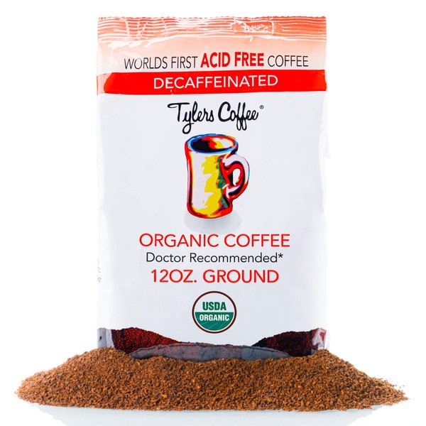 Tyler’s No Acid Organic Ground Coffee - 100% Arabica Full Flavor Decaf - Neutral pH - No Bitter Aftertaste - Gentle on Digestion, Reduce Acid Reflux - Protect Teeth Enamel - For No Acid Diets - 12 oz