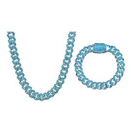 OWNCOOL 2 PCS Cuban Link Chain Iced Out Miami Cuban Necklace Bracelet Bling Diamond Hip Hop Jewelry for Men Women Blue 16inch
