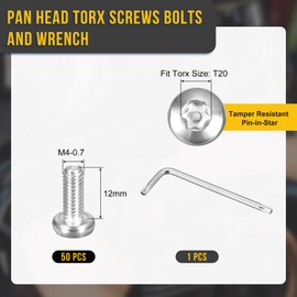 DTGN M4x12mm Pan Head Torx Security Screws - 50Pack - Good for Machinery - 304 Stainless Steel Tamper Proof Torx Security Fasteners & Wrench - Silver Tone