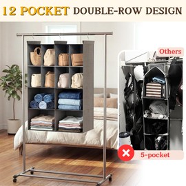 4 Tier Hanging Closet Organizer, 12 Compartments Dual Row Storage, Grey