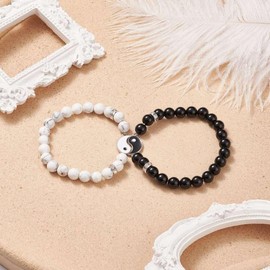 Hemasa 2Pcs Natural Black Agate And Howlite Beaded Stretch Bracelets Set