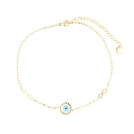 Akzent Fußkette Damen Edelstahl 24+5 cm verstellbar – Fußkettchen „Wenna“ mit Nazar-Auge & Infinity-Anhängern, silber- oder goldfarben, Perlmutt