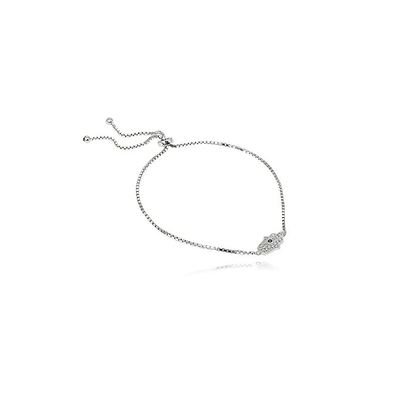 Lovve Sterling Silver Cubic Zirconia Hamsa Adjustable Bolo Bracelet for