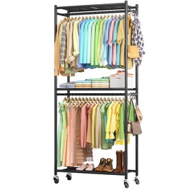 Sakugi Clothes Rack - 33.0" x 12.2" x 79.5" Clothing Rack with Shelves & Wheels, Multi-Functional Wardrobe Closet with Hooks, Sturdy Metal Garment Rack for Bedroom, Laundry, Balcony (Black)