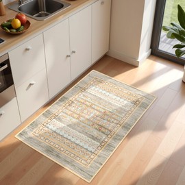 Macgace 2x3 Small Western Rugs for Entryway, Washable Aztec Geometric Indoor Entrance Door Rug with Non-Slip Backing, Soft Moroccan Throw Rug for Bedroom Kitchen Home Office, Beige & Oliver Green