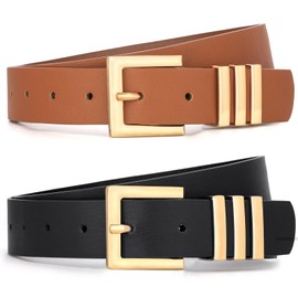 WHIPPY 2 Pack Women's Leather Belts Fashion Square Gold Buckle Ladies Belt for Jeans Pants Dress Black+Brown M